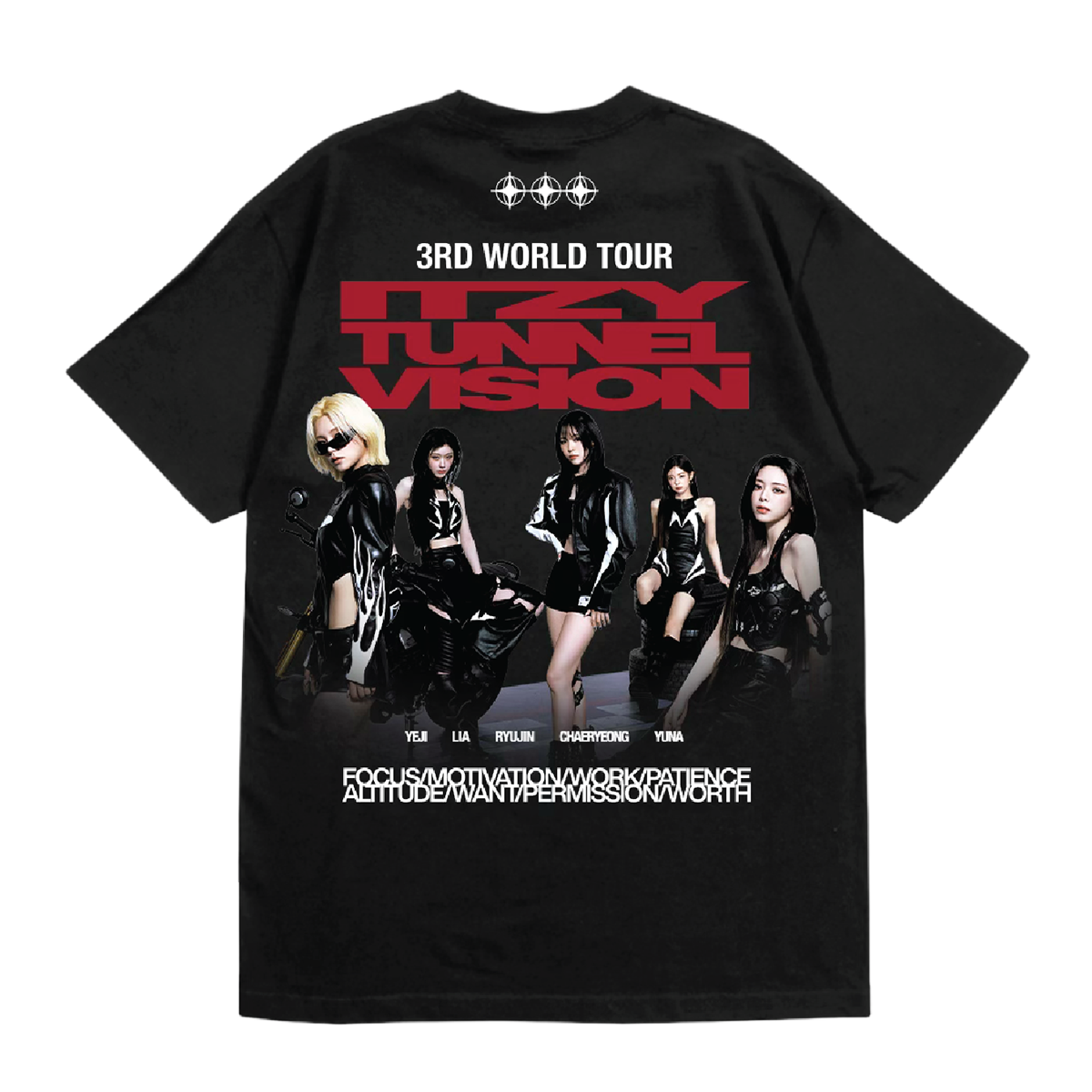 A black short-sleeve graphic T-shirt shown flat against a white background, featuring a large front print with the text '3RD WORLD TOUR' and 'MY TUNES VISION' above a group photo of five women in black outfits.