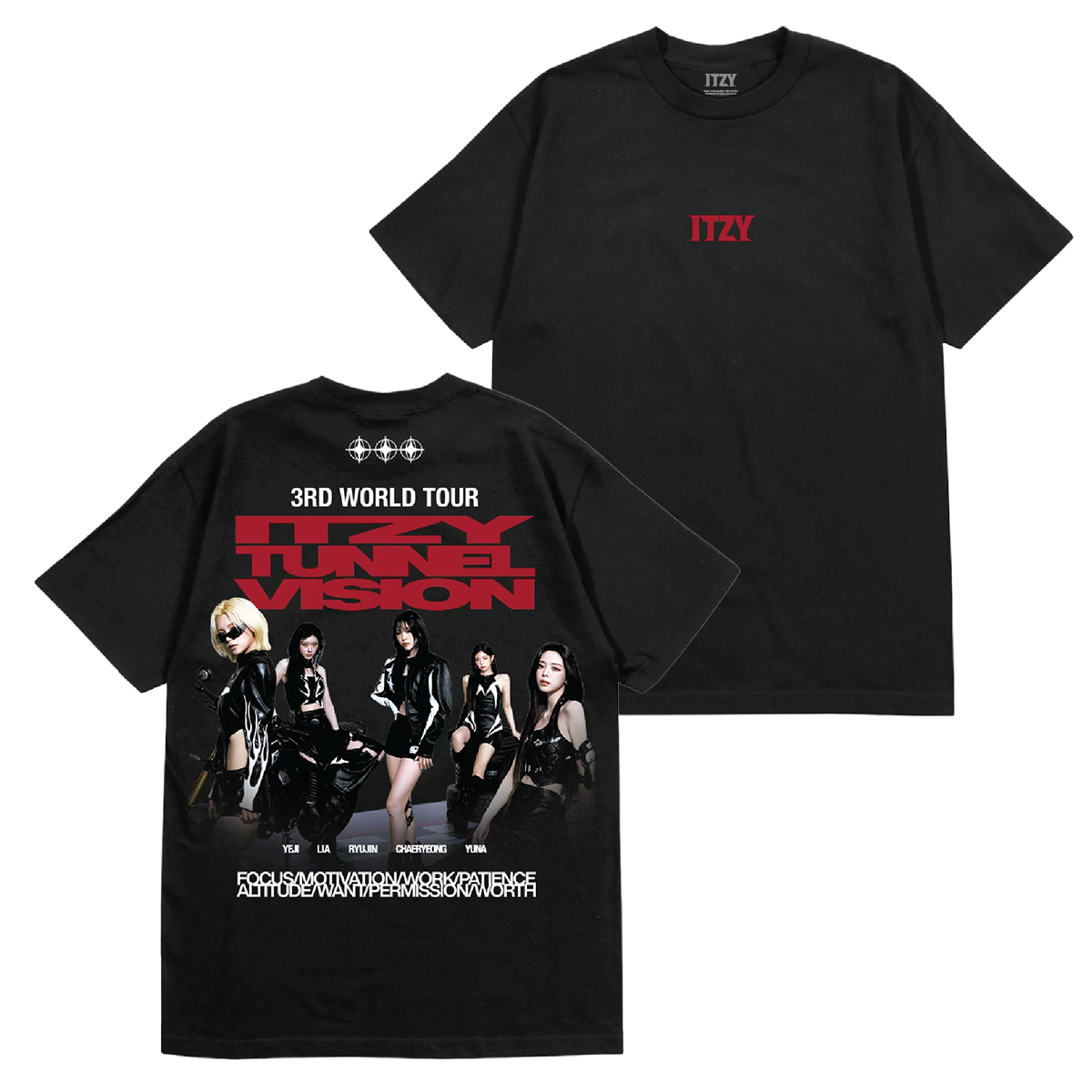 Black short-sleeve ITZY t-shirt shown from both front and back. The front features a small red ITZY logo on the left chest, and the back displays a large graphic print with the group members, '3RD WORLD TOUR' text, and 'ITZY TUNNEL VISION' in bold red lettering.