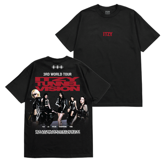 Black short-sleeve ITZY t-shirt shown from both front and back. The front features a small red ITZY logo on the left chest, and the back displays a large graphic print with the group members, '3RD WORLD TOUR' text, and 'ITZY TUNNEL VISION' in bold red lettering.