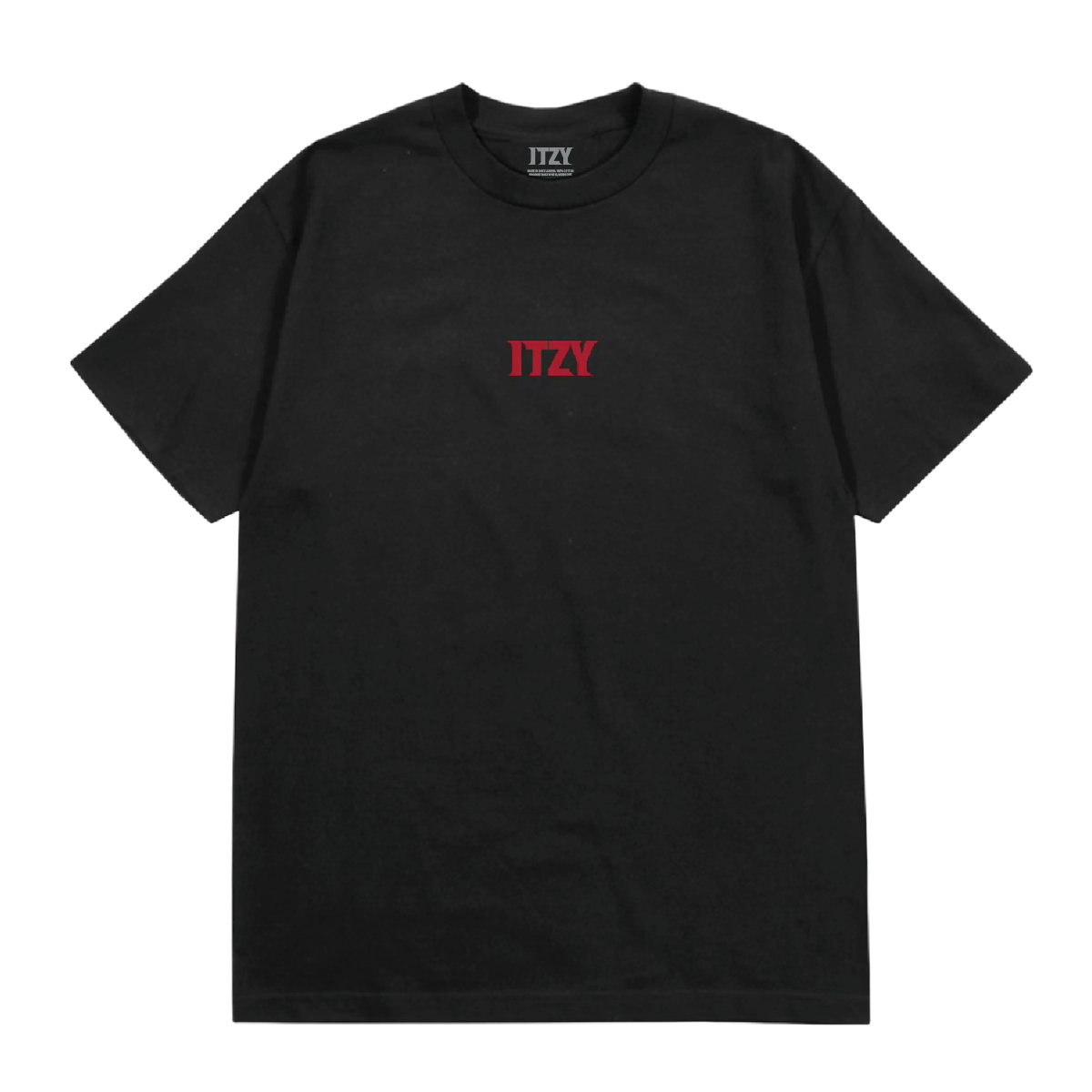A black short-sleeve crewneck t-shirt featuring the red text 'ITZY' printed on the center chest,