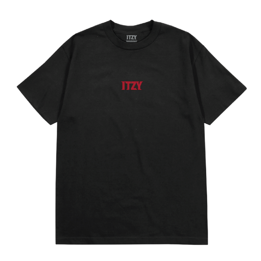 A black short-sleeve crewneck t-shirt featuring the red text 'ITZY' printed on the center chest,