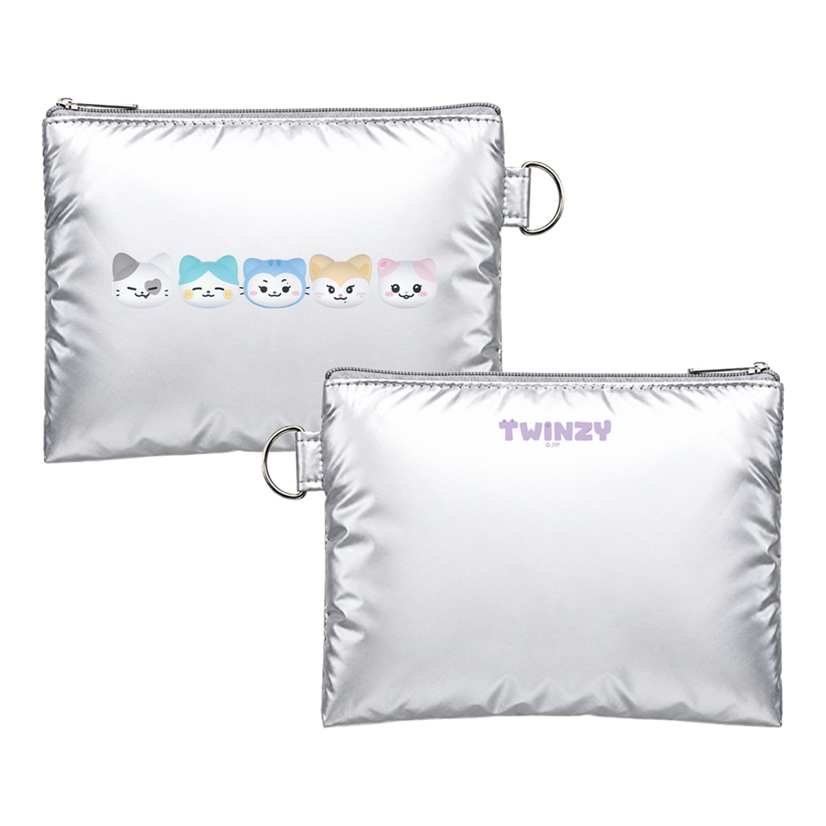 Two metallic silver zippered pouches on a white background. The top pouch features a row of five cute pastel cartoon cat faces, and the bottom pouch has the word 'TWINZY' printed in light purple near the top right.