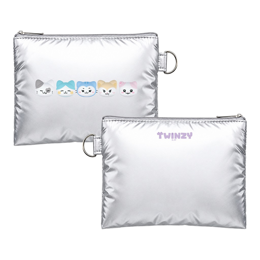 Two metallic silver zippered pouches on a white background. The top pouch features a row of five cute pastel cartoon cat faces, and the bottom pouch has the word 'TWINZY' printed in light purple near the top right.